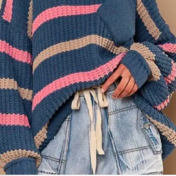 POL Blue, Pink & Tan Striped Chunky Knit Sweater – Size M - Picture 2 of 8